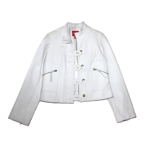 COLLECTION (European Brand) Genuine Leather Slim-Fit Cropped Moto Jacket, White - Picture 9 of 10